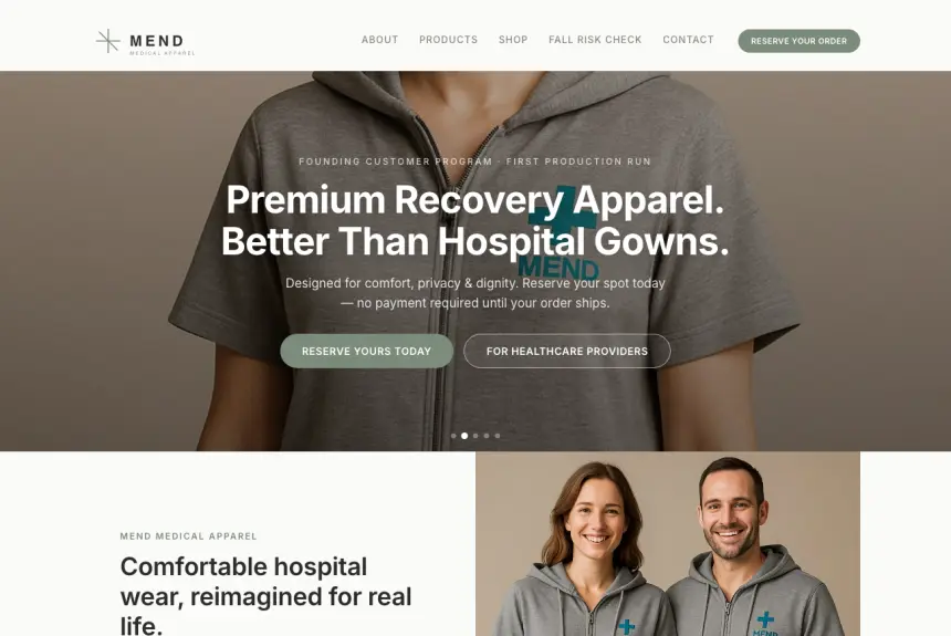 MEND Medical Wear storefront homepage